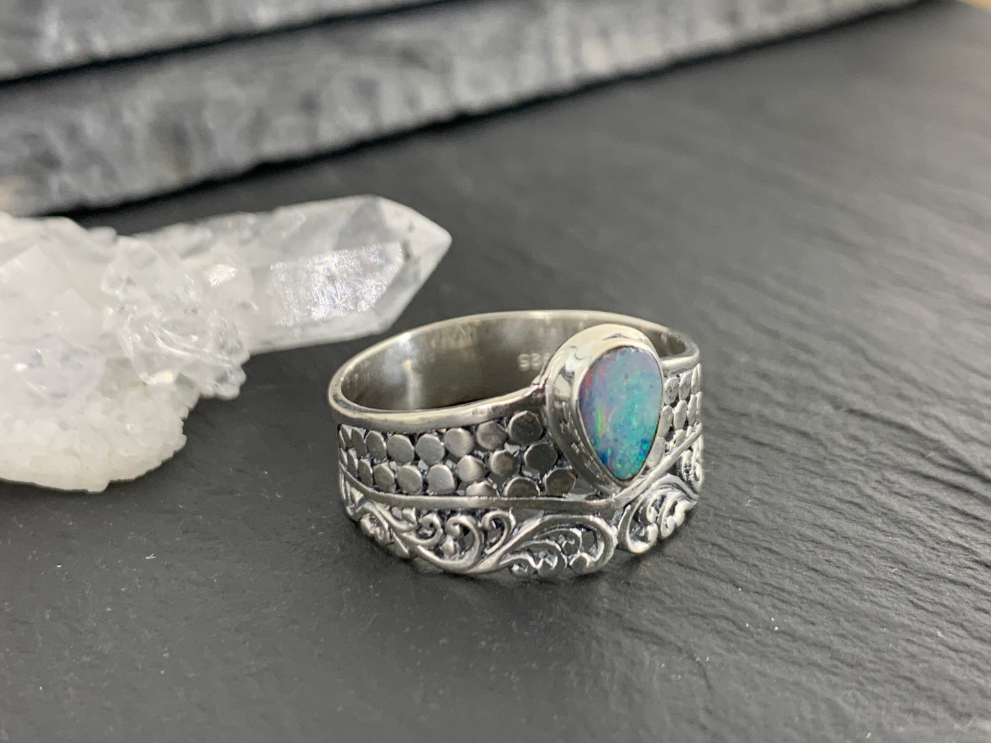 Sterling Silver Australian Opal Ring - Wide Band Statement Ring - size 10 US