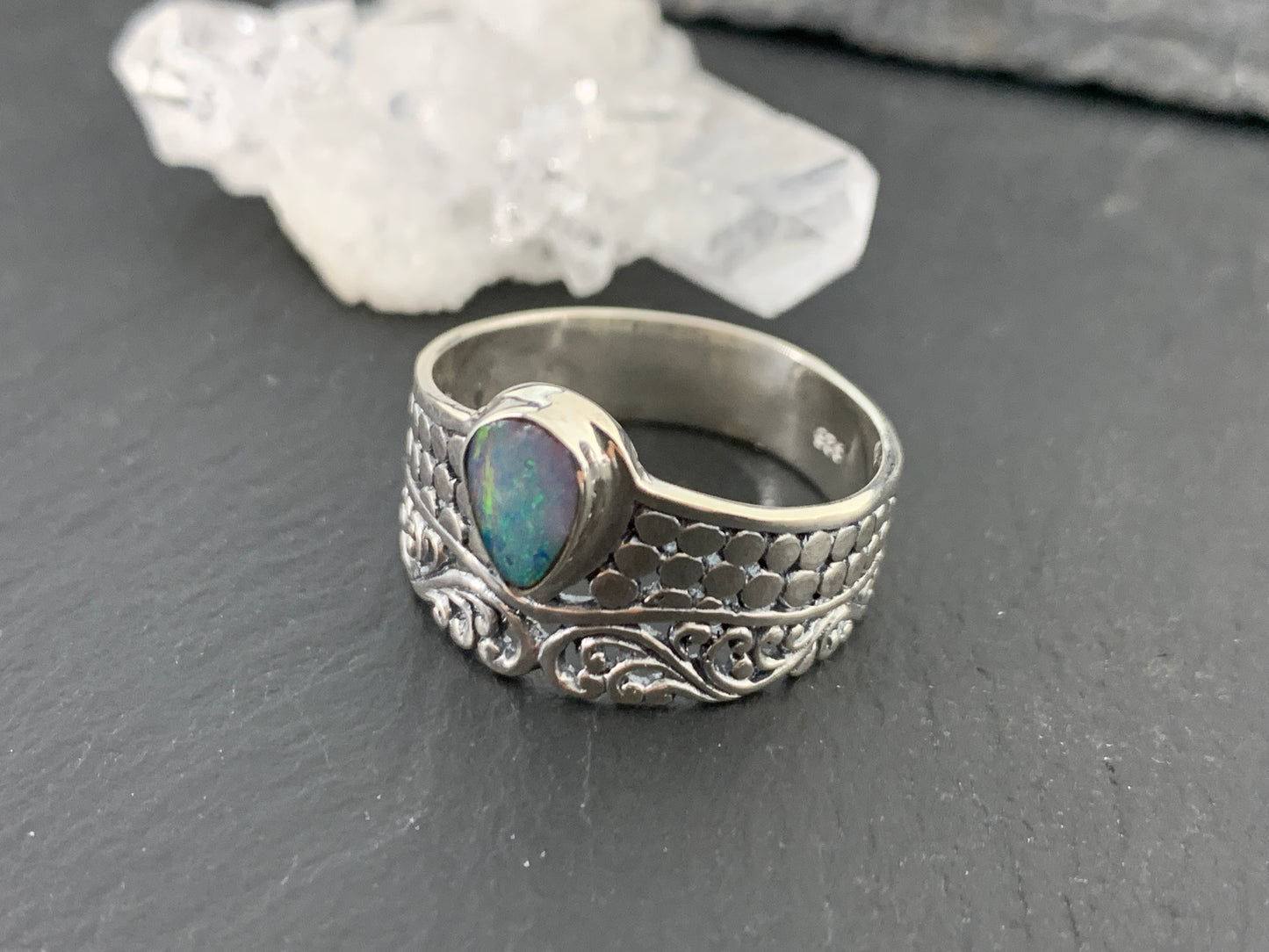 Sterling Silver Australian Opal Ring - Wide Band Statement Ring - size 10 US