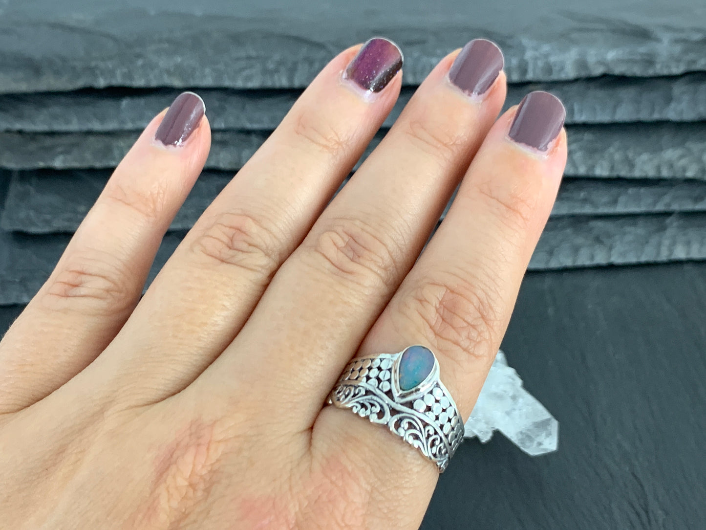 Sterling Silver Australian Opal Ring - Wide Band Statement Ring - size 10 US