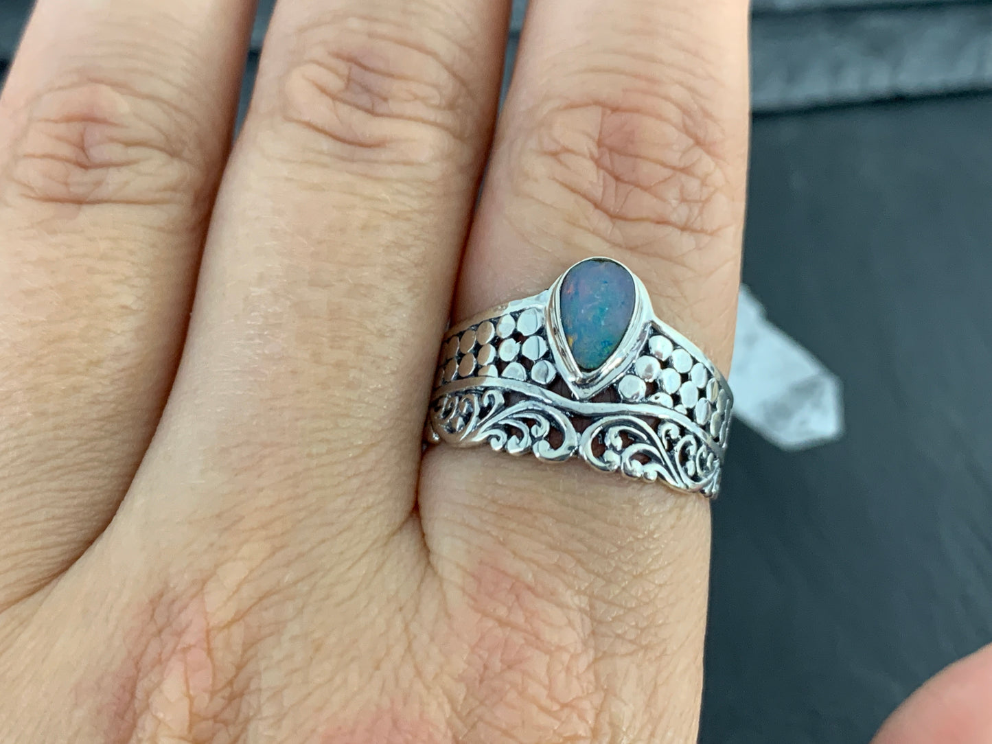Sterling Silver Australian Opal Ring - Wide Band Statement Ring - size 10 US