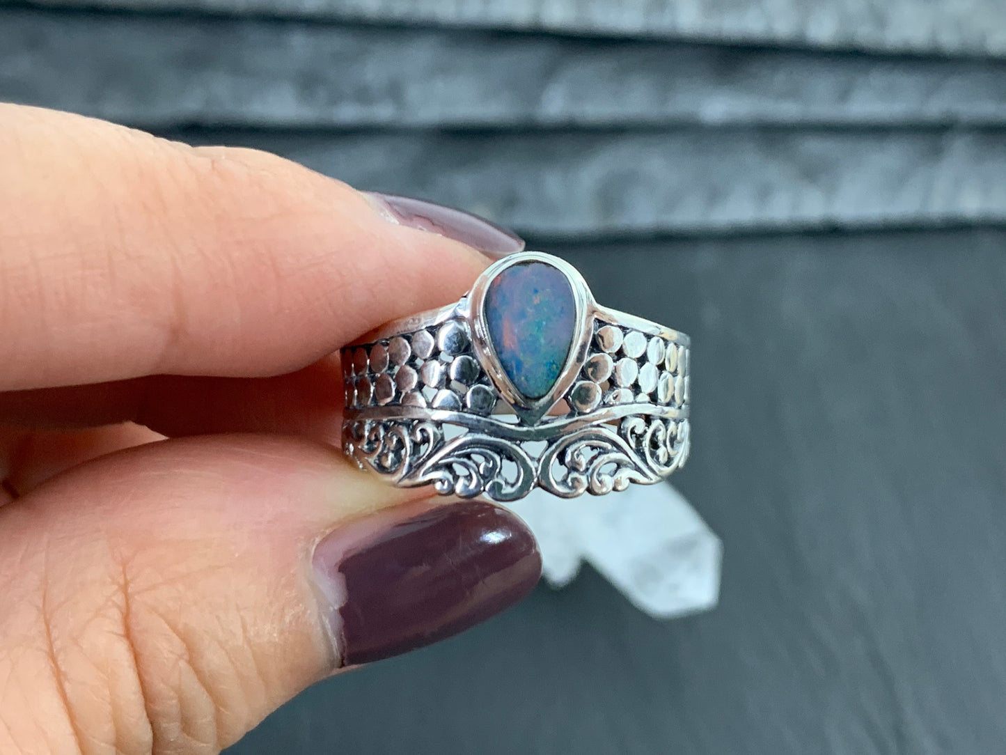 Sterling Silver Australian Opal Ring - Wide Band Statement Ring - size 10 US