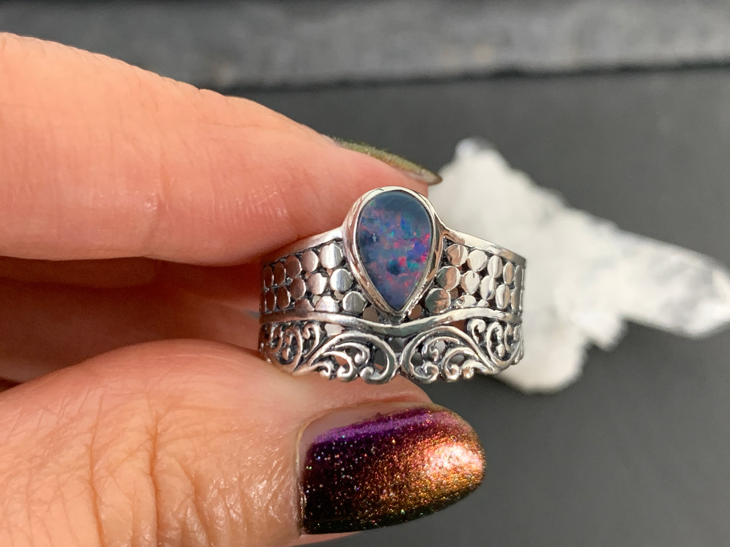 Sterling Silver Australian Opal Ring - size 9US