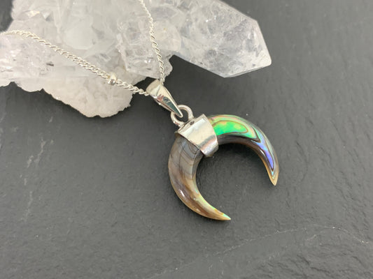 Abalone Shell Crescent Moon Pendant – Sterling Silver Boho Necklace – 17” Chain – Lunar Jewelry