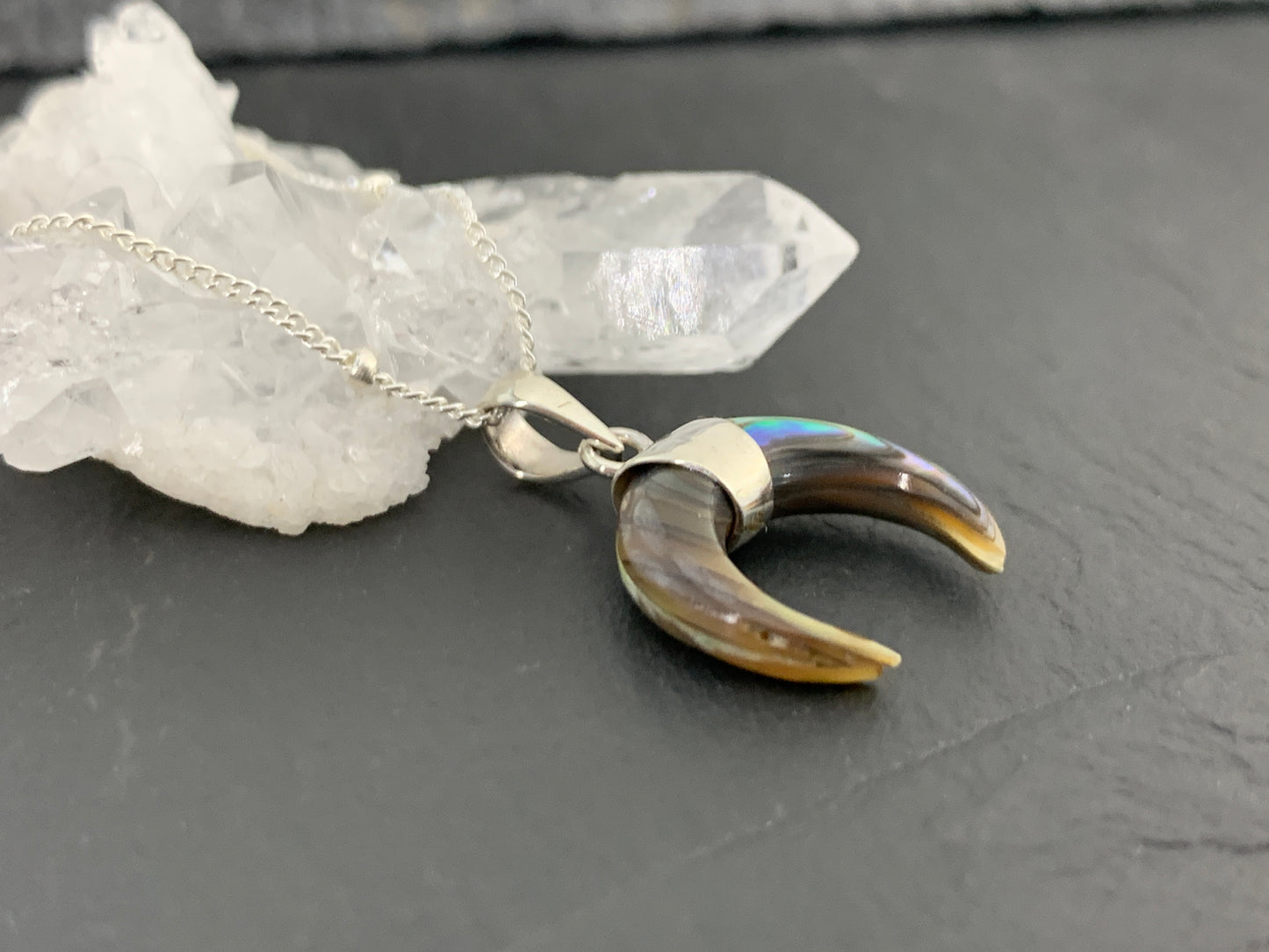 Abalone Shell Crescent Moon Pendant – Sterling Silver Boho Necklace – 17” Chain – Lunar Jewelry