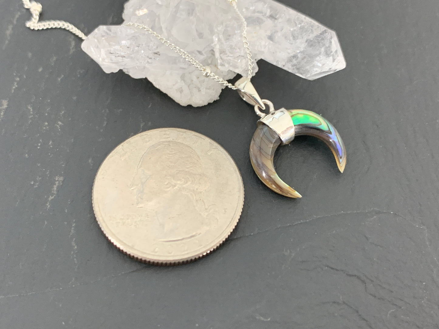 Abalone Shell Crescent Moon Pendant – Sterling Silver Boho Necklace – 17” Chain – Lunar Jewelry