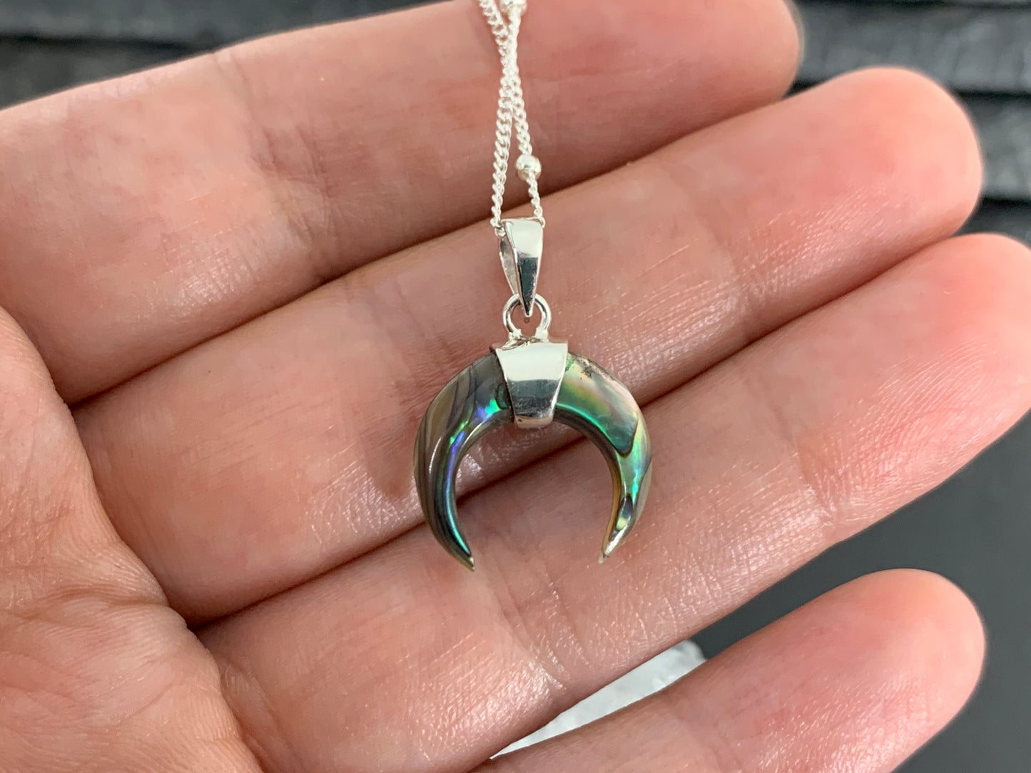 Abalone Shell Crescent Moon Pendant – Sterling Silver Boho Necklace – 17” Chain – Lunar Jewelry