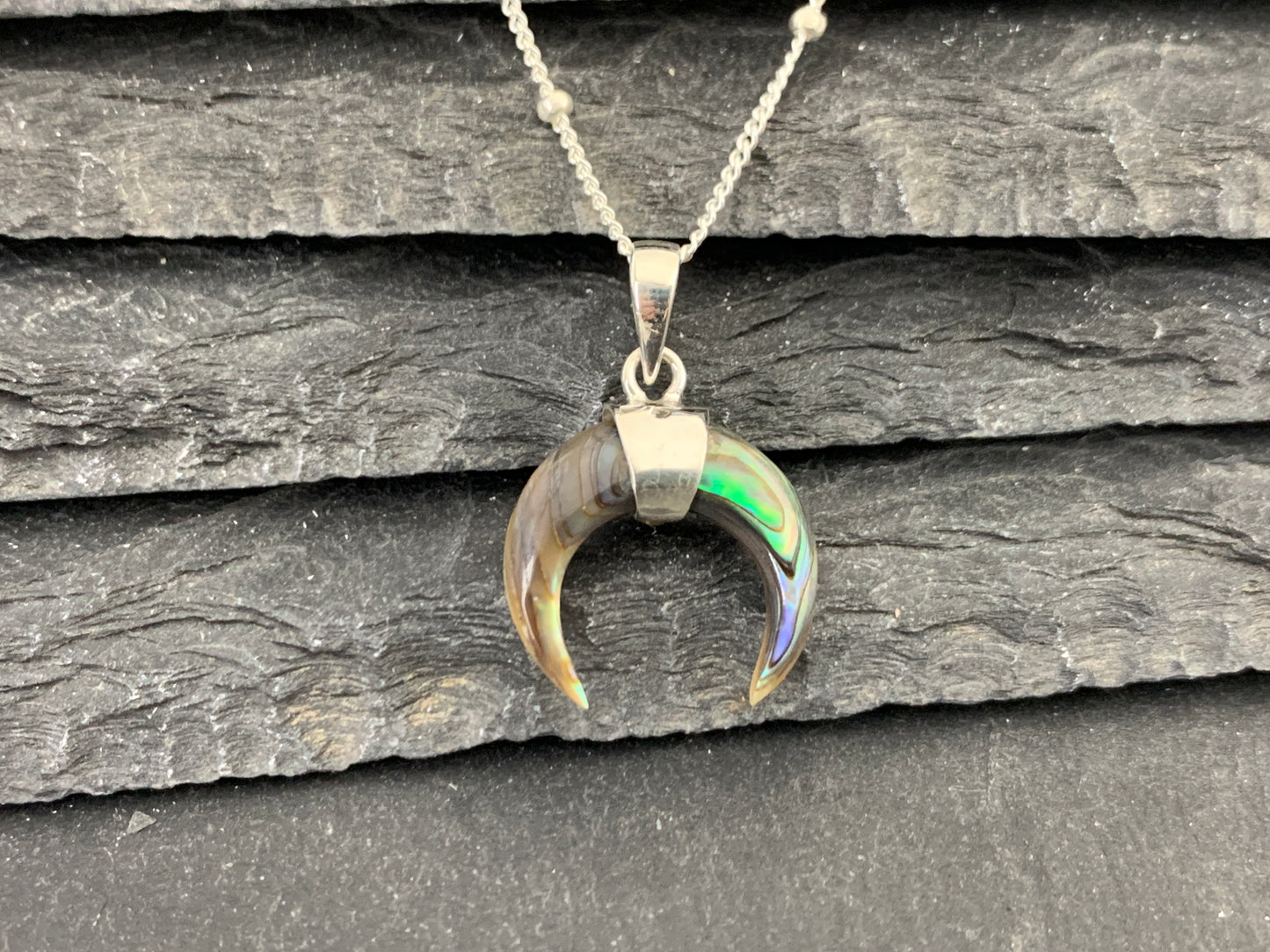 Abalone Shell Crescent Moon Pendant – Sterling Silver Boho Necklace – 17” Chain – Lunar Jewelry