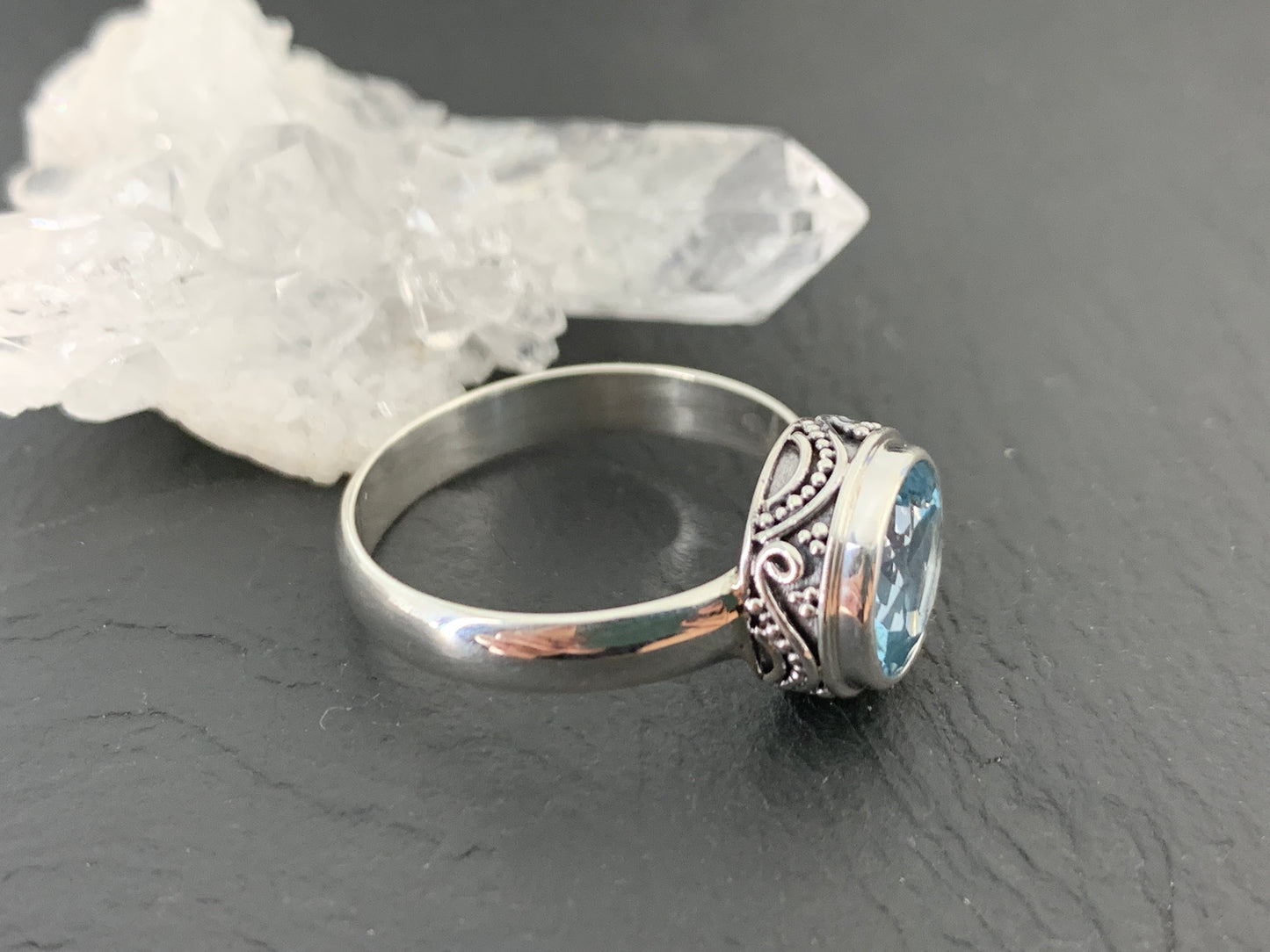 Blue Topaz Sterling Silver Ring – Handmade Boho Gemstone Ring – Vintage-Inspired Silver Jewelry – December Birthstone Ring