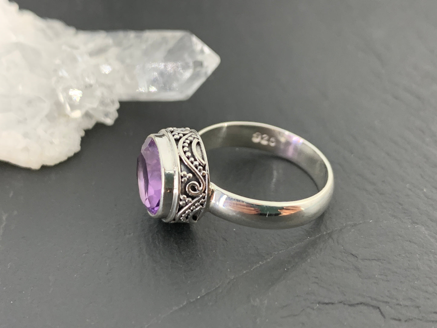 Sterling Silver Amethyst Ring – Vintage Style Round Cut Gemstone Ring – February Birthstone