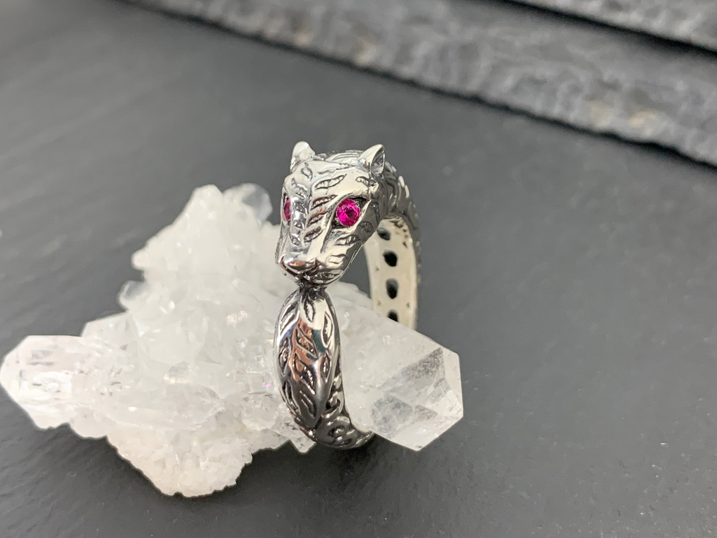 Sterling Silver Garnet Ring. Panther Ring  –  Gothic Animal Jewelry