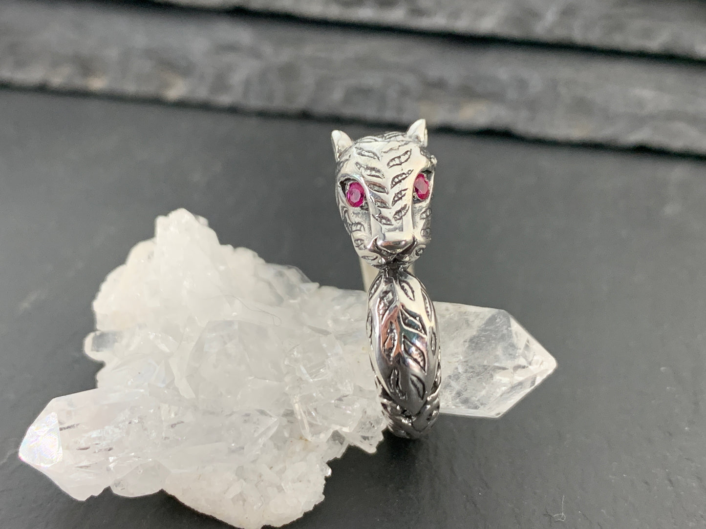 Sterling Silver Garnet Ring. Panther Ring  –  Gothic Animal Jewelry