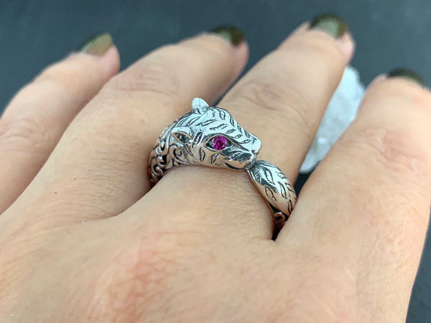 Sterling Silver Garnet Ring. Panther Ring  –  Gothic Animal Jewelry