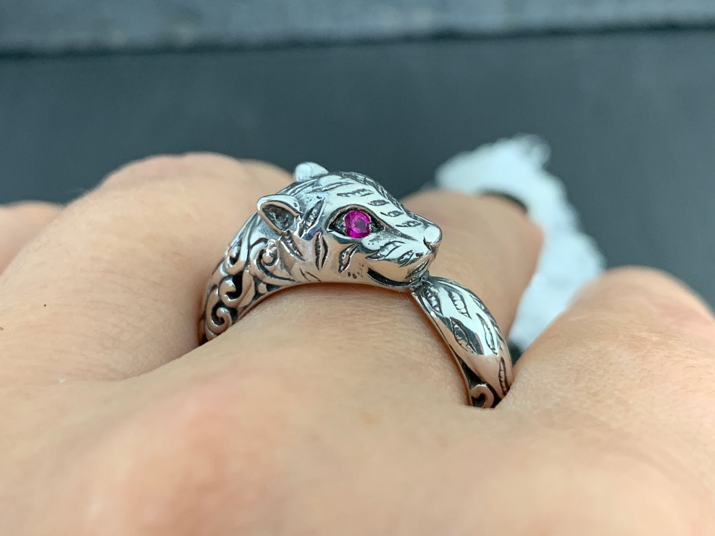 Sterling Silver Garnet Ring. Panther Ring  –  Gothic Animal Jewelry