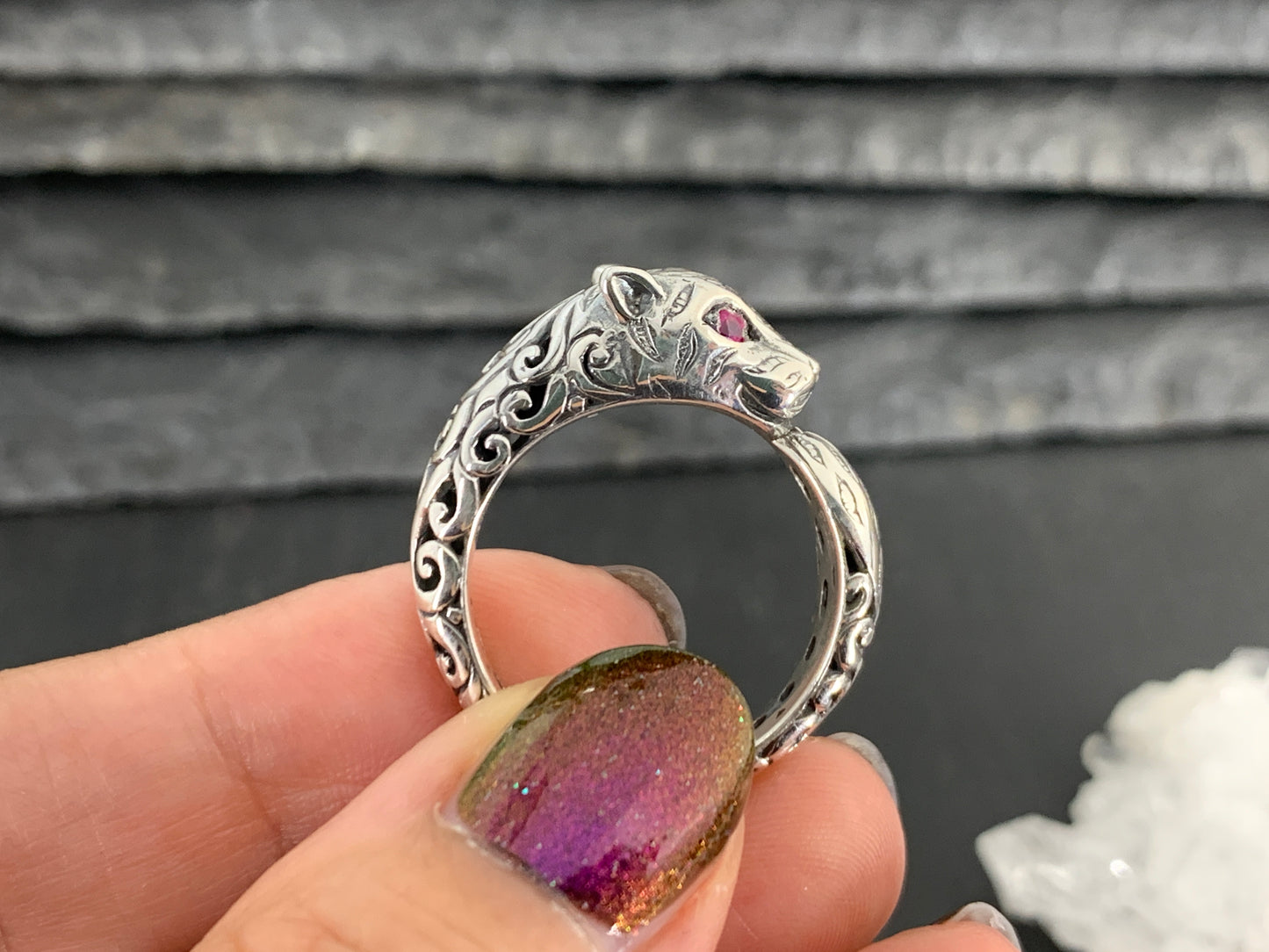 Sterling Silver Garnet Ring. Panther Ring  –  Gothic Animal Jewelry