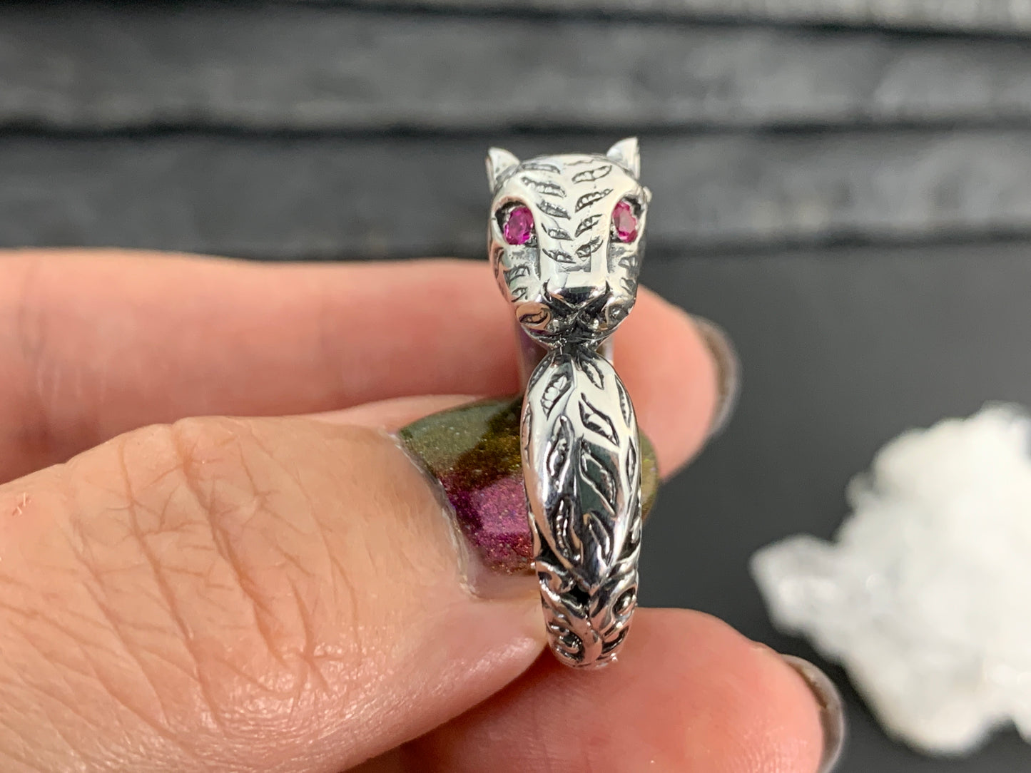 Sterling Silver Garnet Ring. Panther Ring  –  Gothic Animal Jewelry