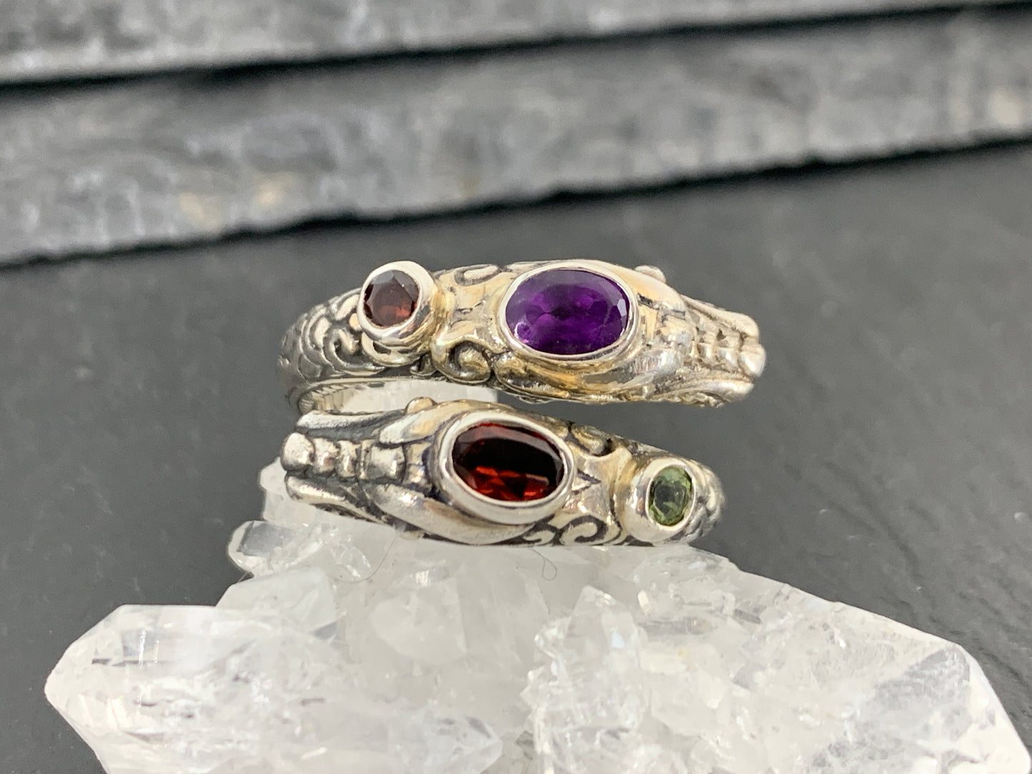 Sterling Silver Gemstone Rins – Amethyst, Peridot, Garnet. Ornate Boho Ring