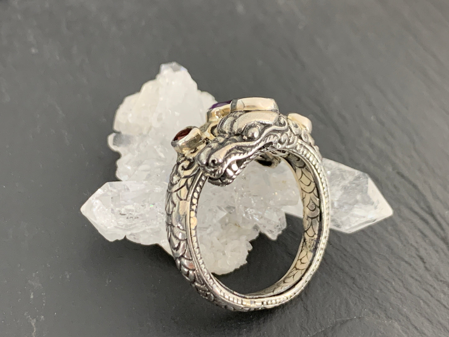 Sterling Silver Gemstone Rins – Amethyst, Peridot, Garnet. Ornate Boho Ring