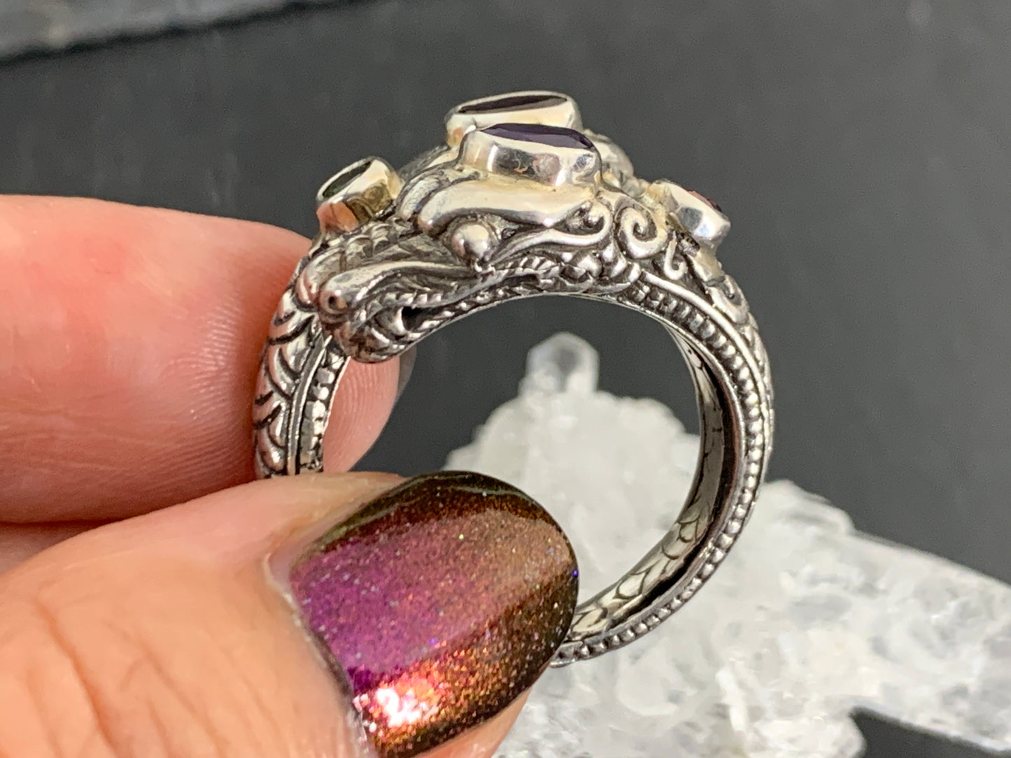 Sterling Silver Gemstone Rins – Amethyst, Peridot, Garnet. Ornate Boho Ring