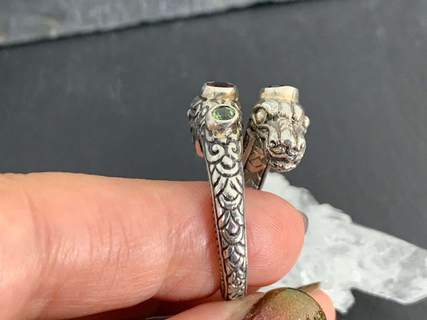 Sterling Silver Gemstone Rins – Amethyst, Peridot, Garnet. Ornate Boho Ring