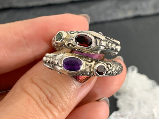 Sterling Silver Gemstone Rins – Amethyst, Peridot, Garnet. Ornate Boho Ring