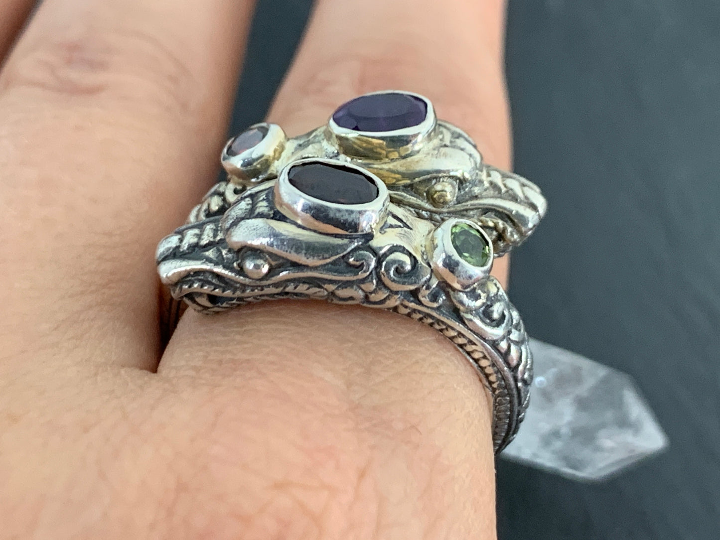 Sterling Silver Gemstone Rins – Amethyst, Peridot, Garnet. Ornate Boho Ring