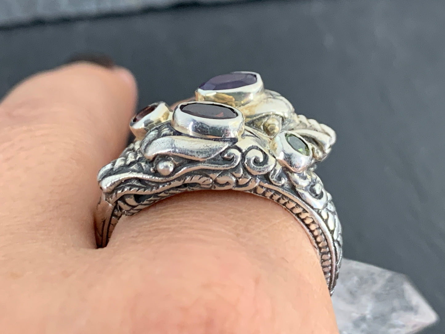 Sterling Silver Gemstone Rins – Amethyst, Peridot, Garnet. Ornate Boho Ring