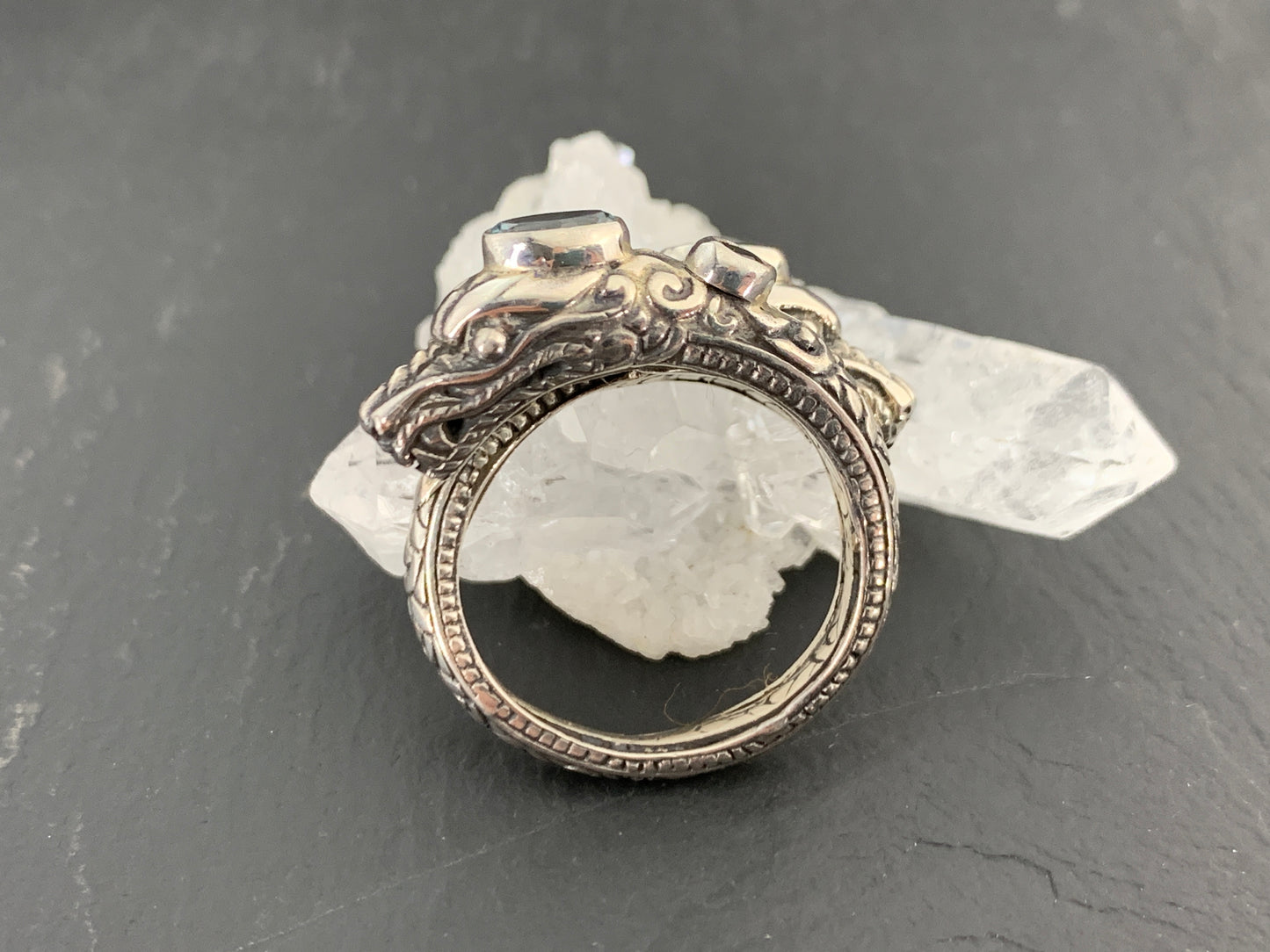 Sterling Silver Gemstone Ring – Blue Topaz, Peridot & Garnet, Ornate Boho Ring
