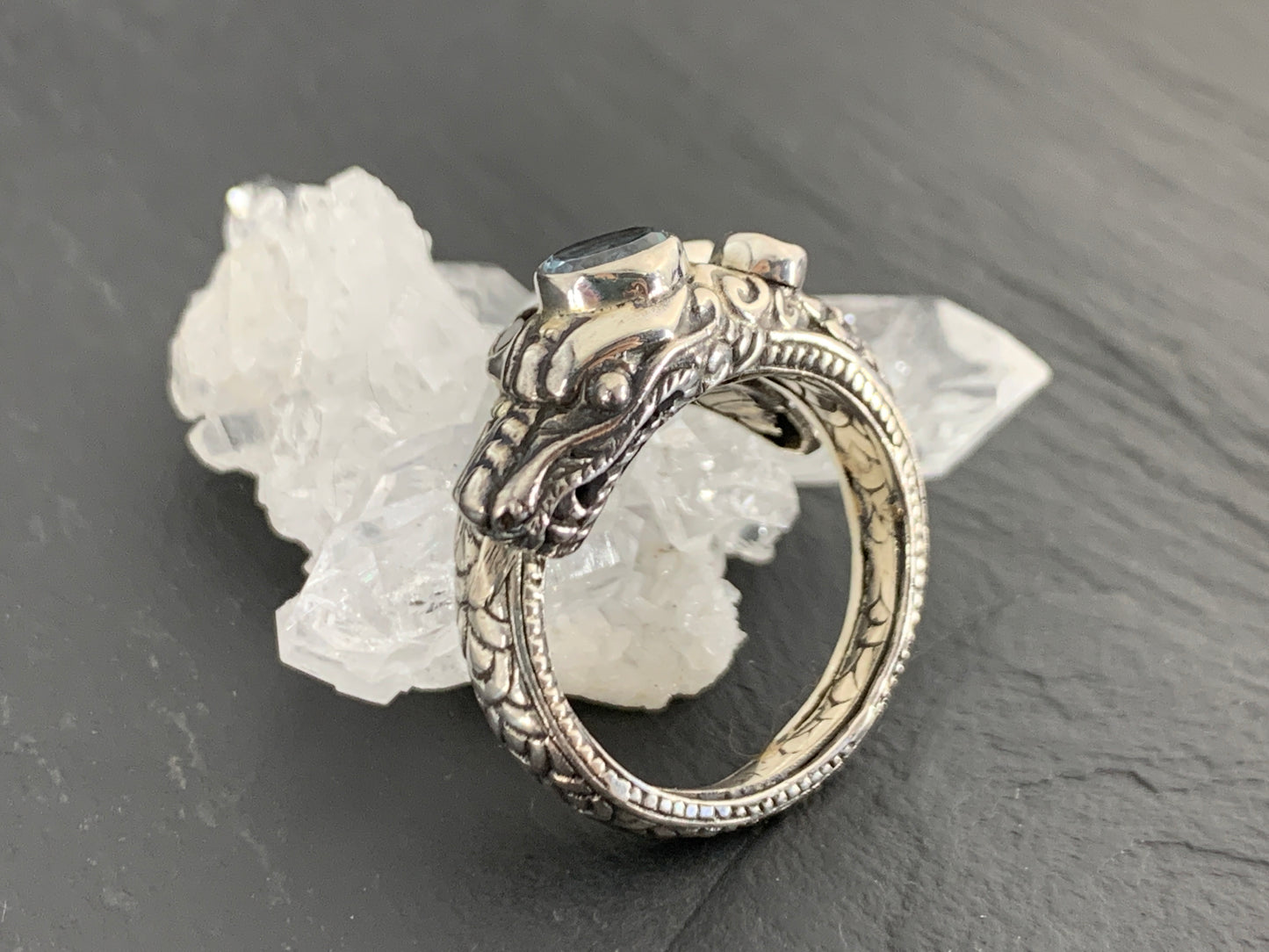Sterling Silver Gemstone Ring – Blue Topaz, Peridot & Garnet, Ornate Boho Ring