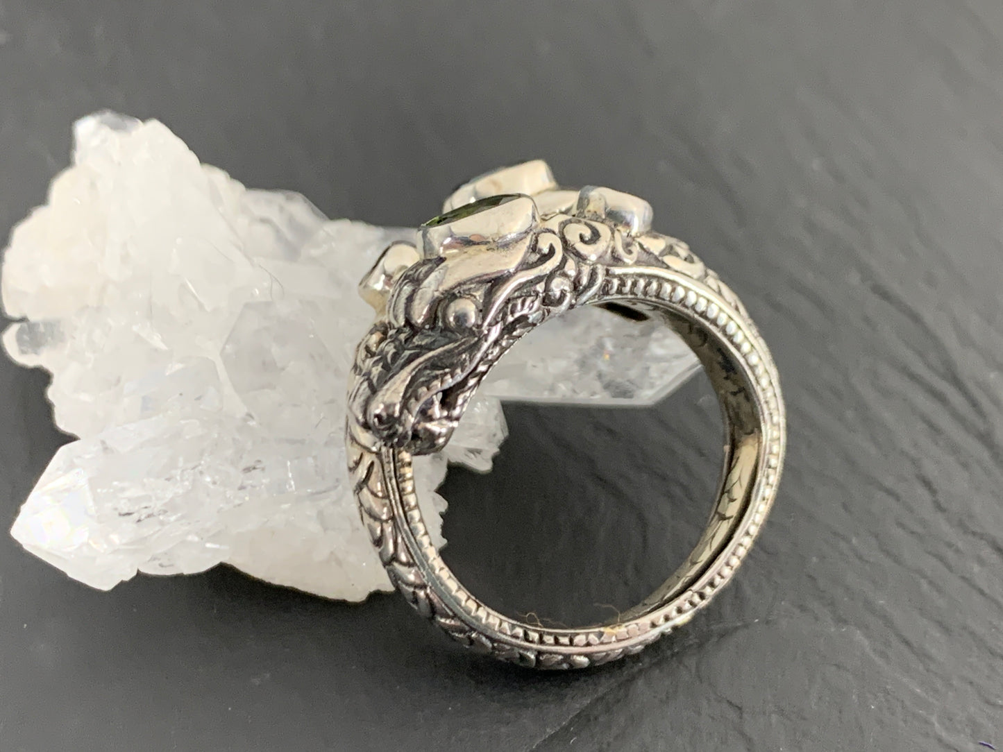Sterling Silver Gemstone Ring – Blue Topaz, Peridot & Garnet, Ornate Boho Ring