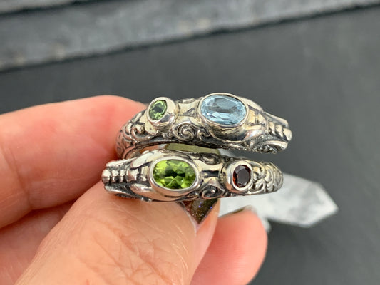 Sterling Silver Gemstone Ring – Blue Topaz, Peridot & Garnet, Ornate Boho Ring