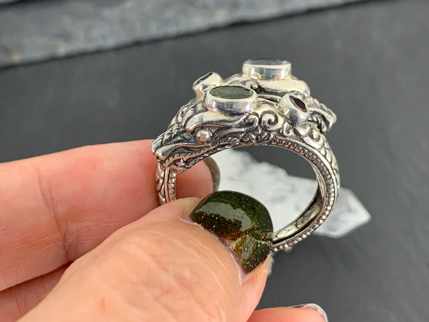 Sterling Silver Gemstone Ring – Blue Topaz, Peridot & Garnet, Ornate Boho Ring