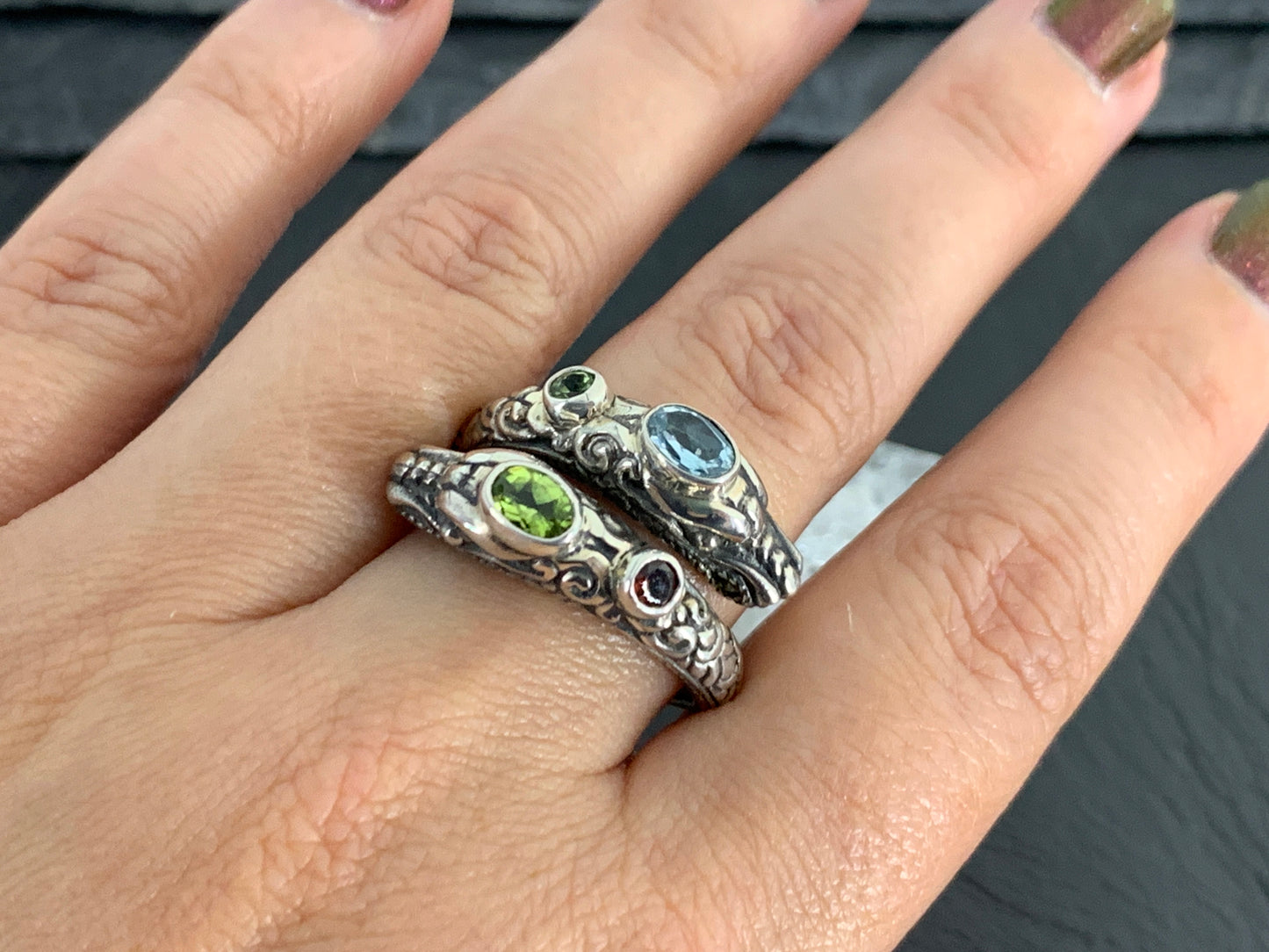Sterling Silver Gemstone Ring – Blue Topaz, Peridot & Garnet, Ornate Boho Ring