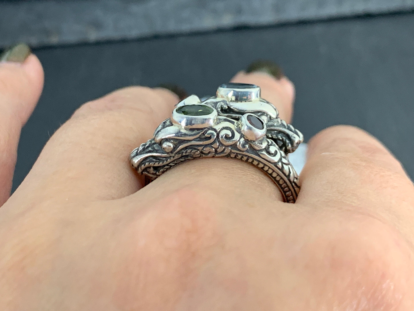Sterling Silver Gemstone Ring – Blue Topaz, Peridot & Garnet, Ornate Boho Ring