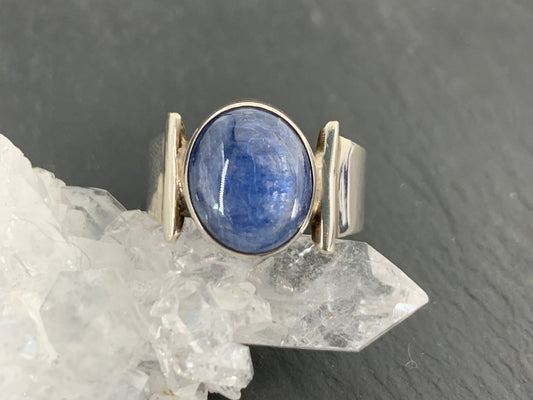Sterling Silver Kyanite Ring – 9x12mm Oval Gemstone. Handmade Blue Crystal Jewelry