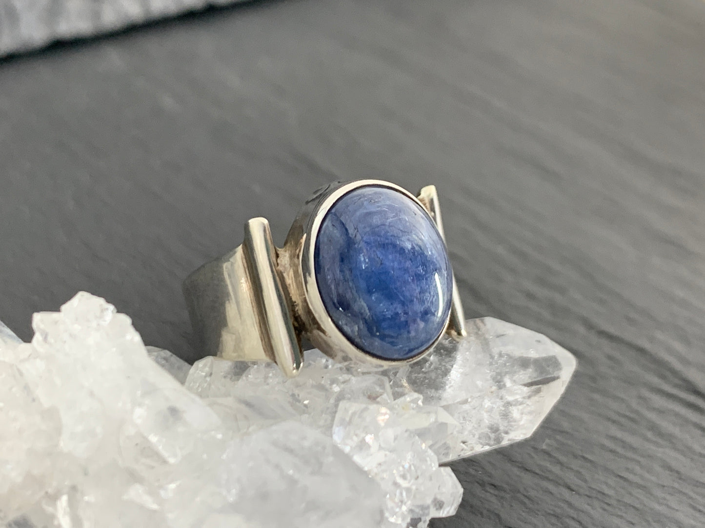Sterling Silver Kyanite Ring – 9x12mm Oval Gemstone. Handmade Blue Crystal Jewelry