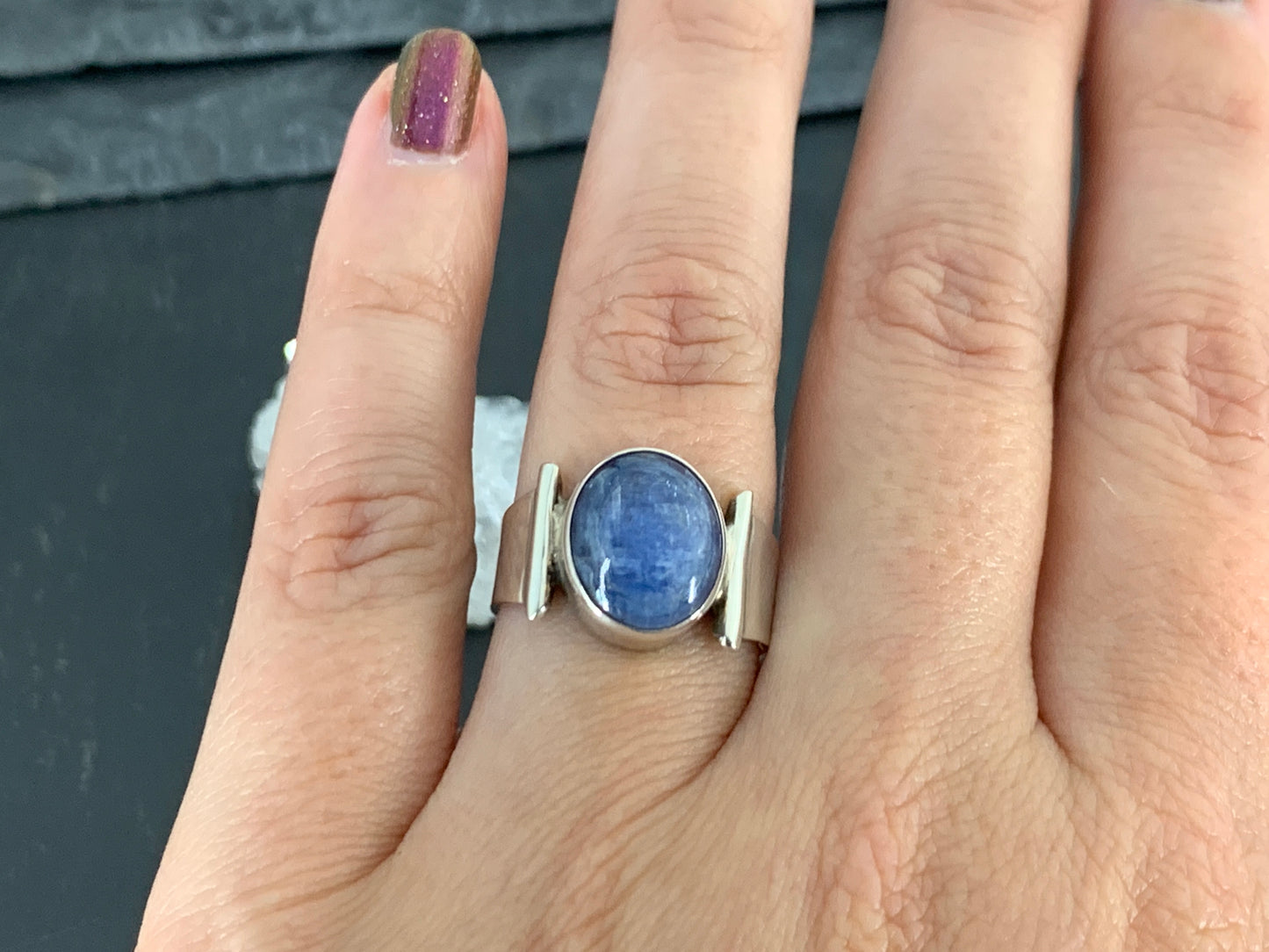 Sterling Silver Kyanite Ring – 9x12mm Oval Gemstone. Handmade Blue Crystal Jewelry