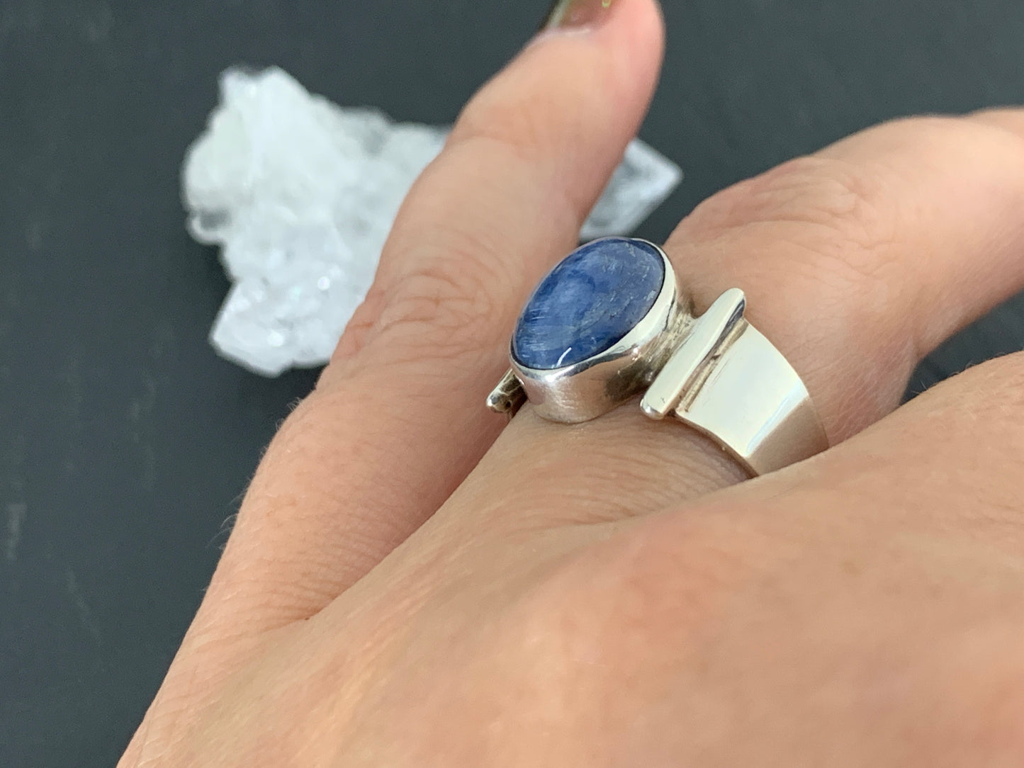 Sterling Silver Kyanite Ring – 9x12mm Oval Gemstone. Handmade Blue Crystal Jewelry