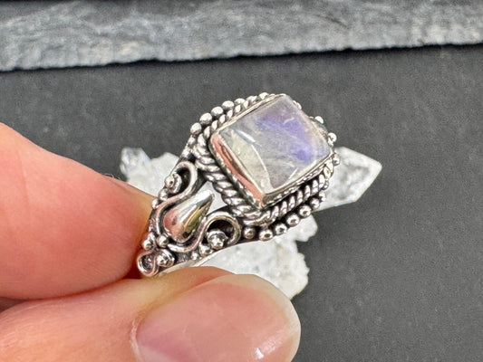 Rainbow Moonstone Sterling Silver ring 7.5US