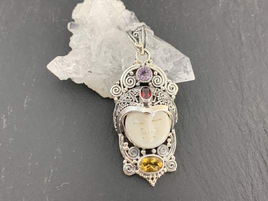 Sterling Silver Face Pendant • Hand-Carved Bone Moon Goddess Jewelry • Gemstone Pendant with Amethyst, Citrine, Garnet