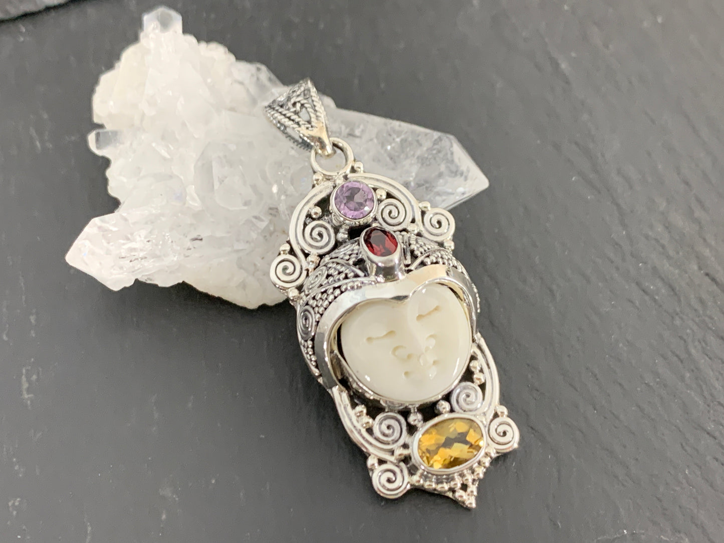 Sterling Silver Face Pendant • Hand-Carved Bone Moon Goddess Jewelry • Gemstone Pendant with Amethyst, Citrine, Garnet