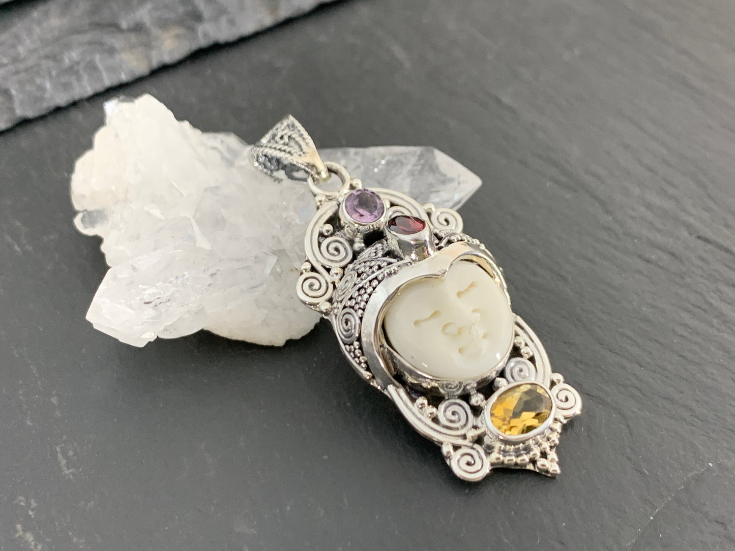 Sterling Silver Face Pendant • Hand-Carved Bone Moon Goddess Jewelry • Gemstone Pendant with Amethyst, Citrine, Garnet