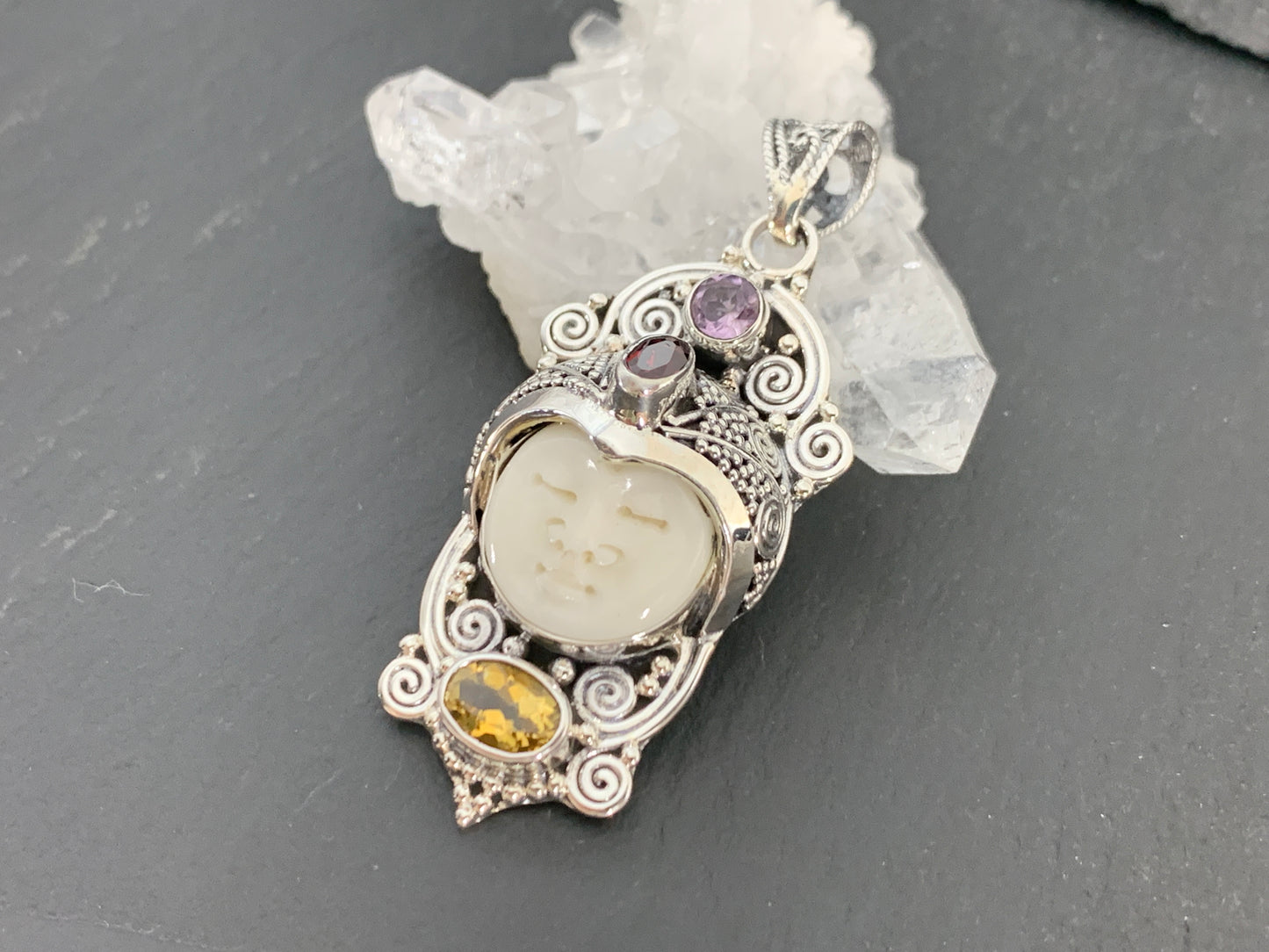 Sterling Silver Face Pendant • Hand-Carved Bone Moon Goddess Jewelry • Gemstone Pendant with Amethyst, Citrine, Garnet
