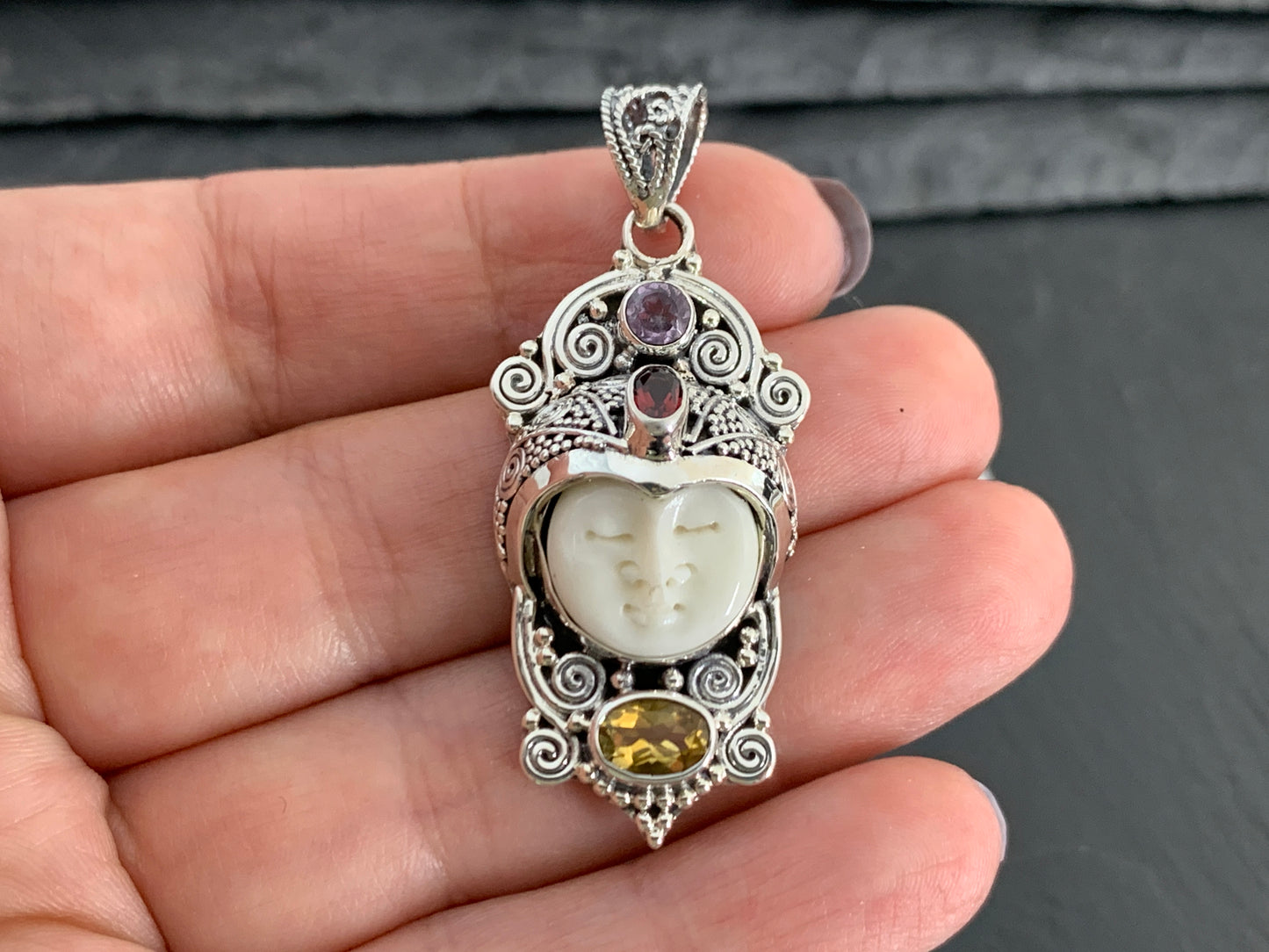 Sterling Silver Face Pendant • Hand-Carved Bone Moon Goddess Jewelry • Gemstone Pendant with Amethyst, Citrine, Garnet