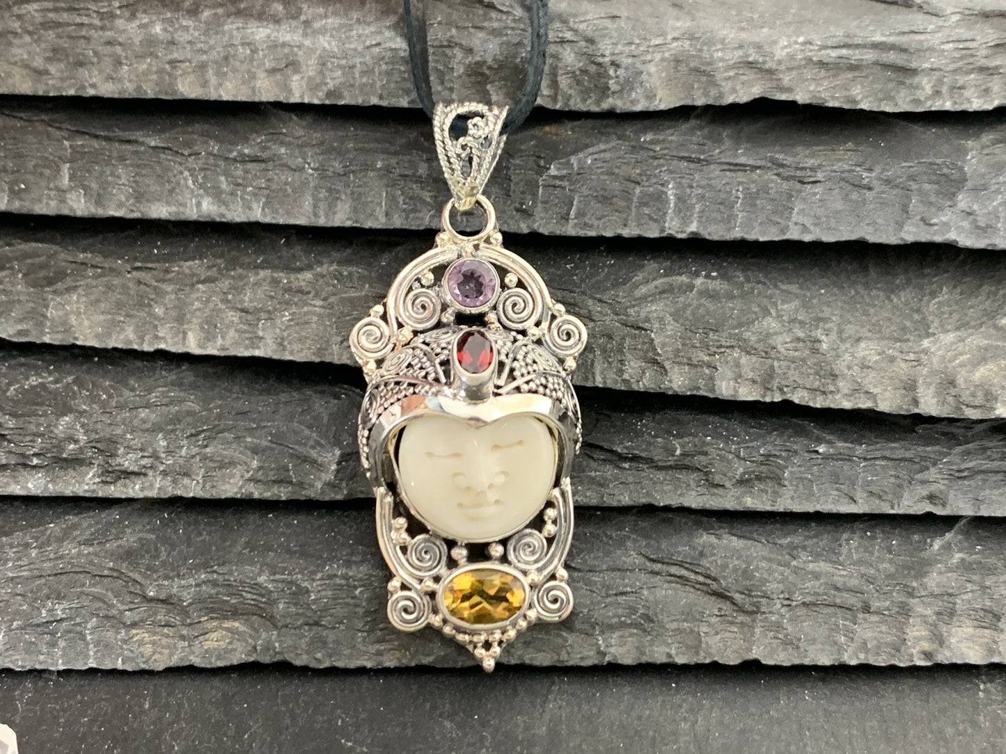 Sterling Silver Face Pendant • Hand-Carved Bone Moon Goddess Jewelry • Gemstone Pendant with Amethyst, Citrine, Garnet