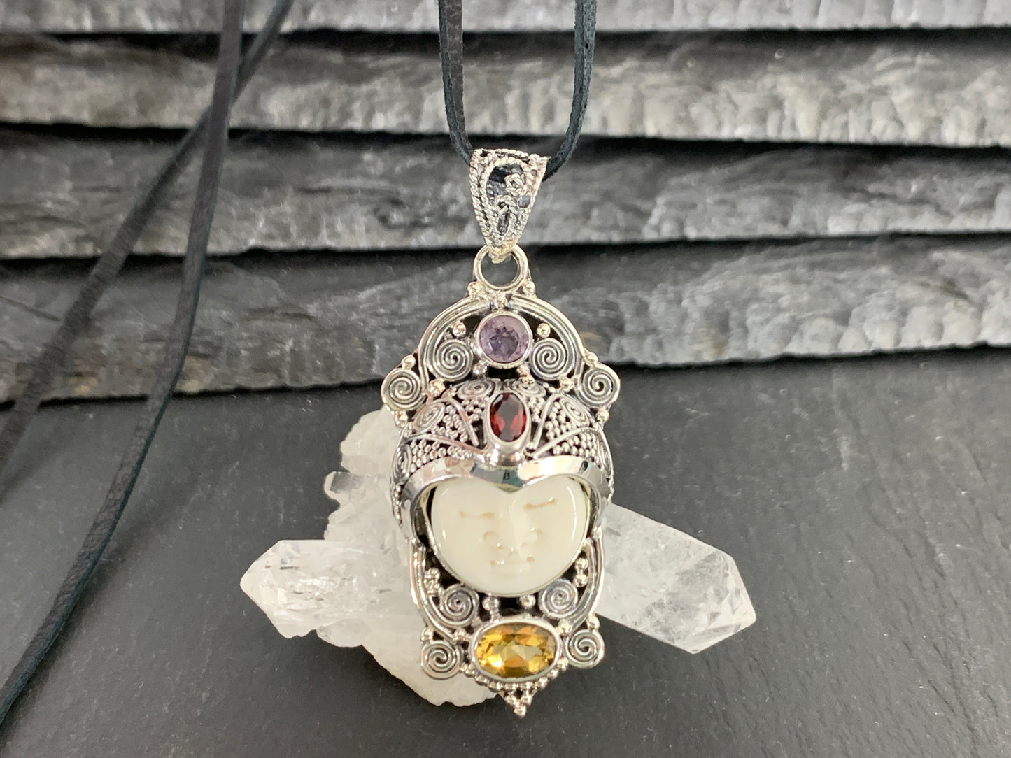 Sterling Silver Face Pendant • Hand-Carved Bone Moon Goddess Jewelry • Gemstone Pendant with Amethyst, Citrine, Garnet