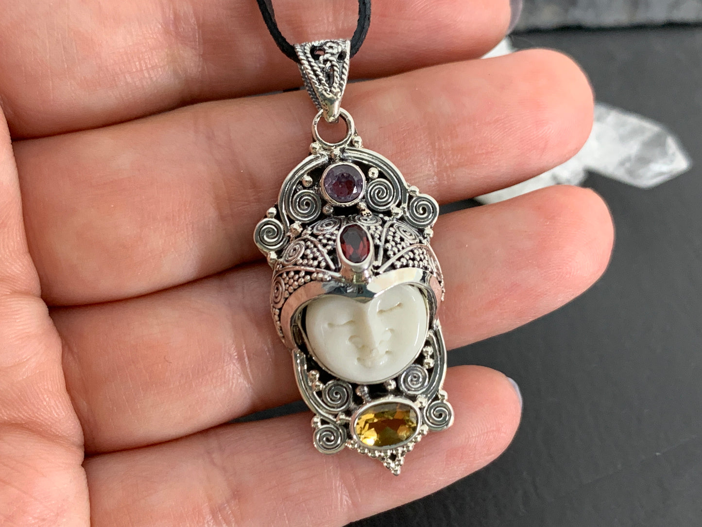 Sterling Silver Face Pendant • Hand-Carved Bone Moon Goddess Jewelry • Gemstone Pendant with Amethyst, Citrine, Garnet