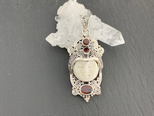 Sterling Silver Face Pendant • Hand-Carved Bone Moon Goddess Jewelry • Gemstone Pendant with Garnet