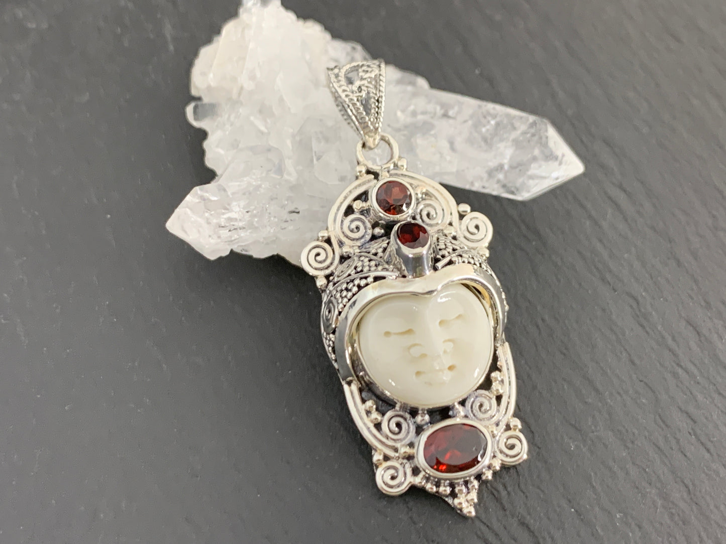 Sterling Silver Face Pendant • Hand-Carved Bone Moon Goddess Jewelry • Gemstone Pendant with Garnet
