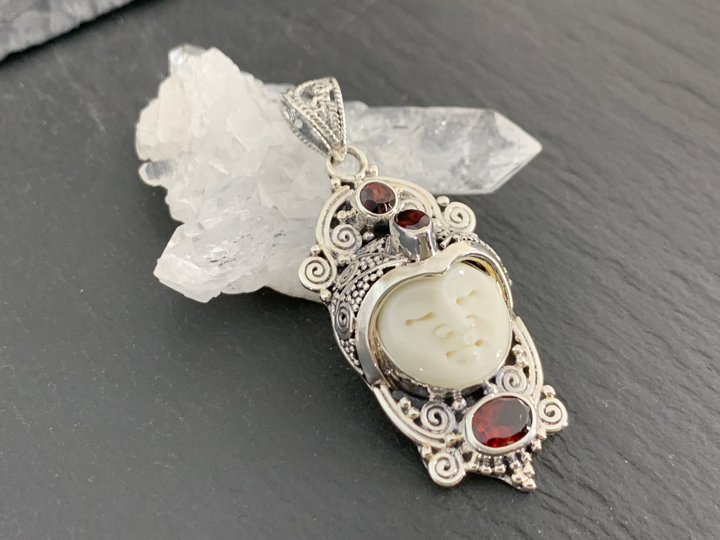 Sterling Silver Face Pendant • Hand-Carved Bone Moon Goddess Jewelry • Gemstone Pendant with Garnet