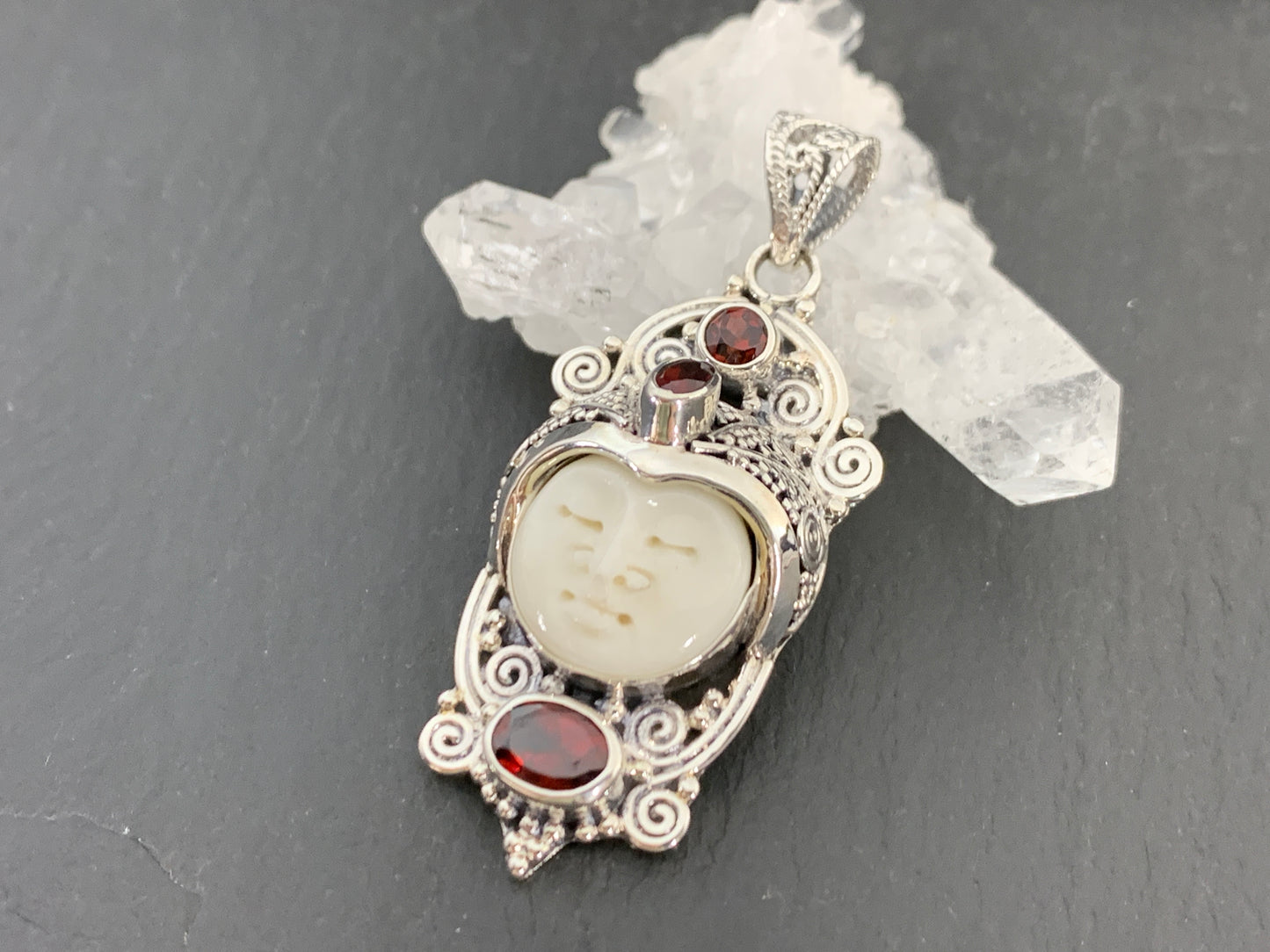 Sterling Silver Face Pendant • Hand-Carved Bone Moon Goddess Jewelry • Gemstone Pendant with Garnet